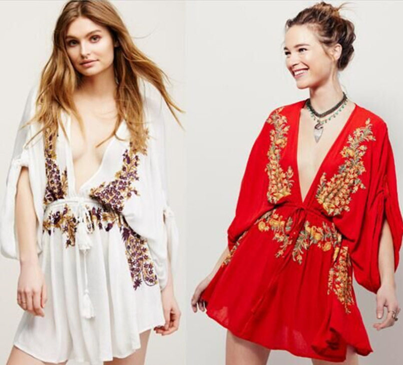 2016歐美精密繡花人棉皺深V領系帶沙灘裙寬松性感比基尼泳衣罩衫在類目 女裝/女士精品, 襯衫中 - 來自Buy2taobao.com提供專業的淘寶代購服務