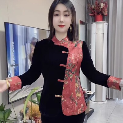 秋季国风妈妈丝绒盘扣拼接开衫