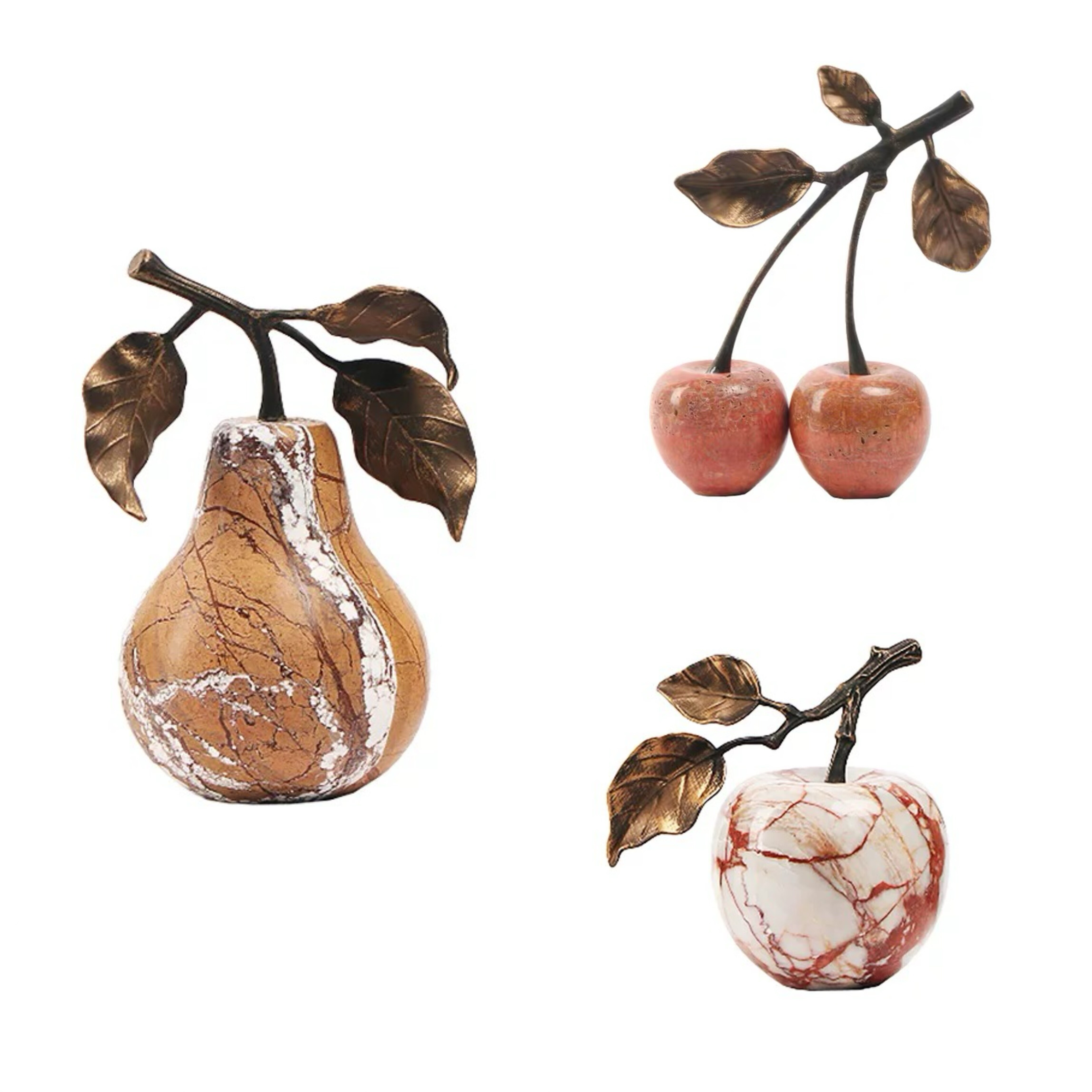 茗尚中古风创意仿真水果苹果樱桃梨金属大理石摆件餐厅客厅装饰品