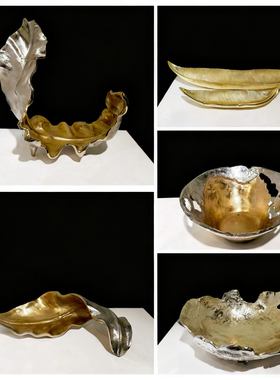 印度进口铝制创意软装叶状果盘银色器皿茶几餐桌玄关摆件