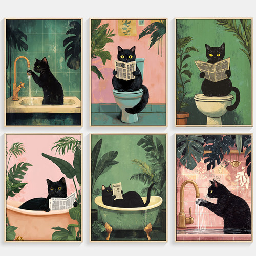 小黑猫马桶创意装饰画