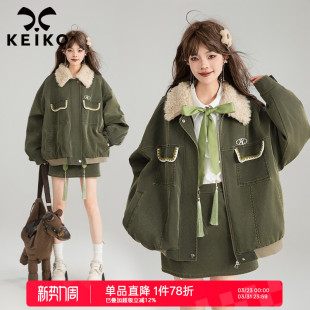 怀旧复古军绿皮衣外套春季 保暖 高端褪洗皮廓形夹克 夹棉 KEIKO