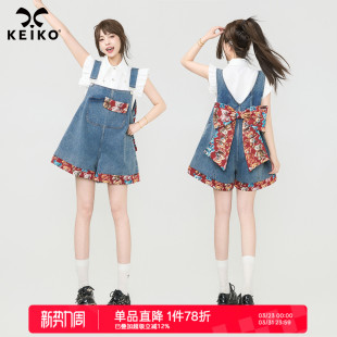 酷感蝴蝶结宽松阔腿短裤 KEIKO 女夏季 牛仔背带裤 小熊提花拼接薄款