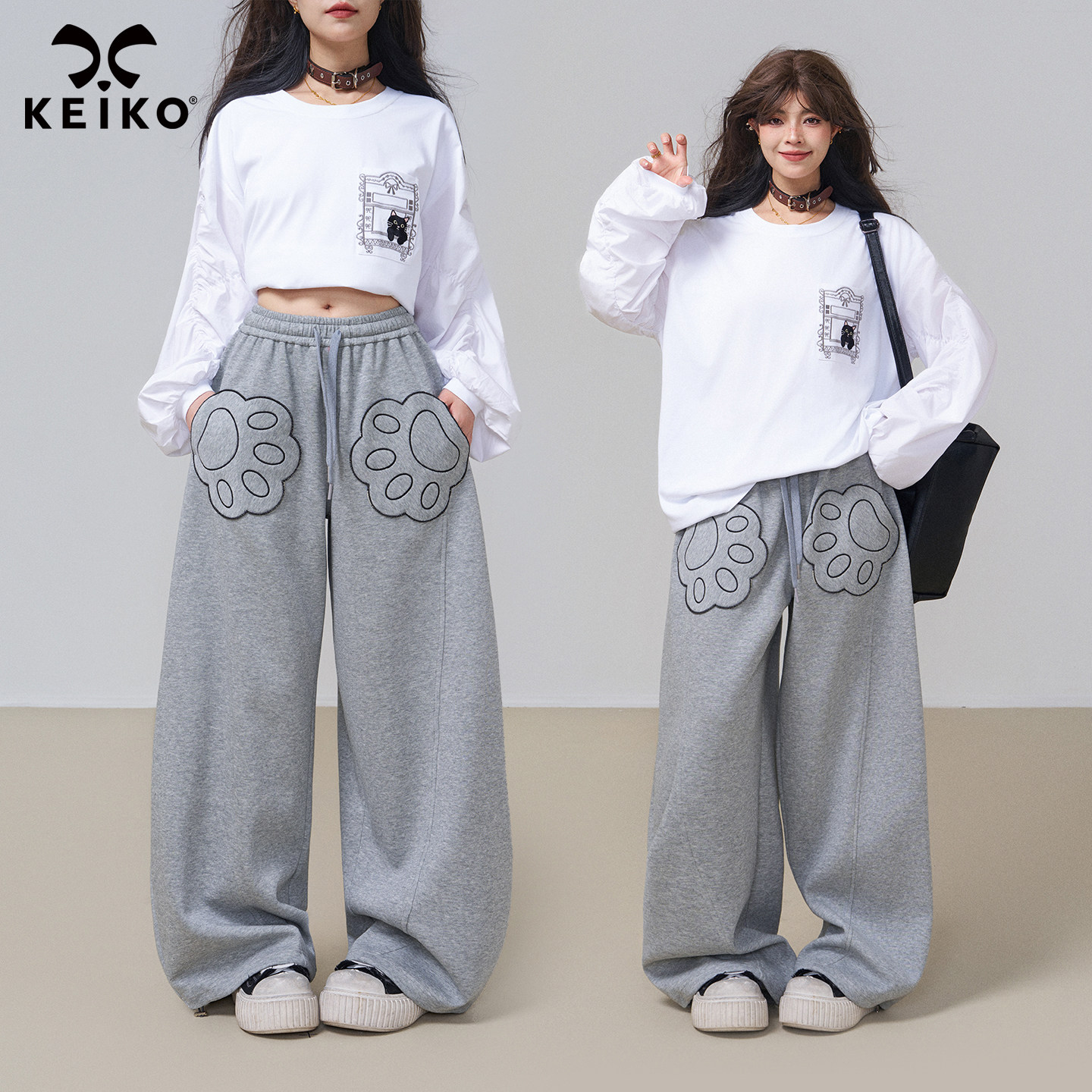 KEIKO [刺绣] 可爱猫爪口袋灰色卫裤女秋季运动休闲弯刀阔腿长裤