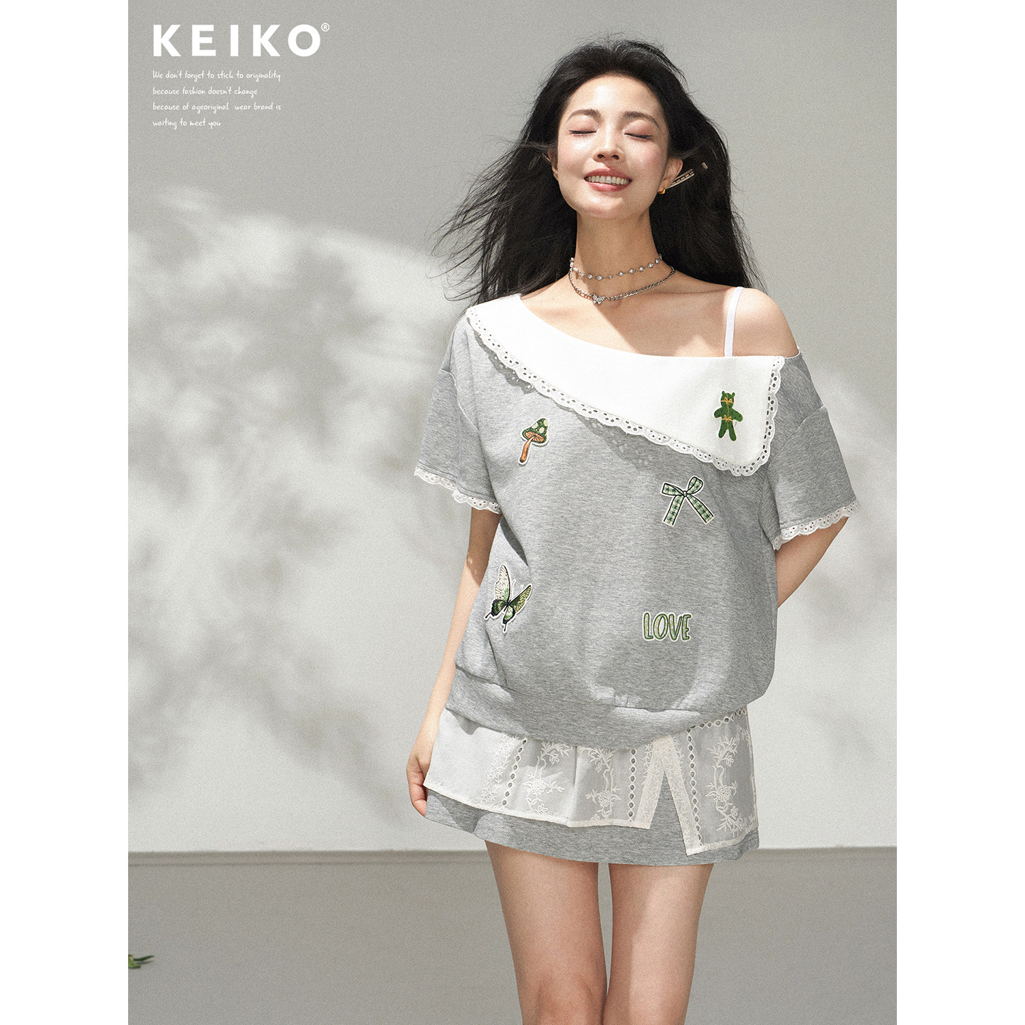 KEIKO 韩系活力感穿搭套装夏日蕾丝花边拼接领斜肩T恤+拼接半身裙
