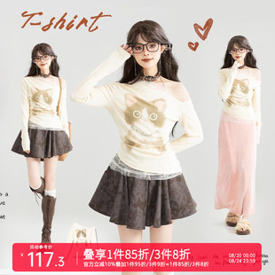 KEIKO 上衣 萌猫印花斜肩t恤女25早秋甜辣妹轻纱拼接显瘦短款 长袖