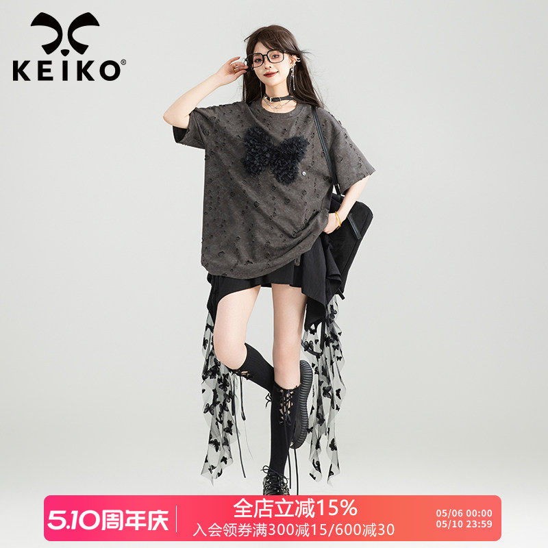 KEIKO 蝴蝶花破洞短袖t恤女夏季废土风复古宽松显瘦圆领半袖上衣