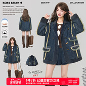 设计感灯芯绒拼接西装 KEIKO 复古风夹棉牛仔外套女春季 领夹克棉服