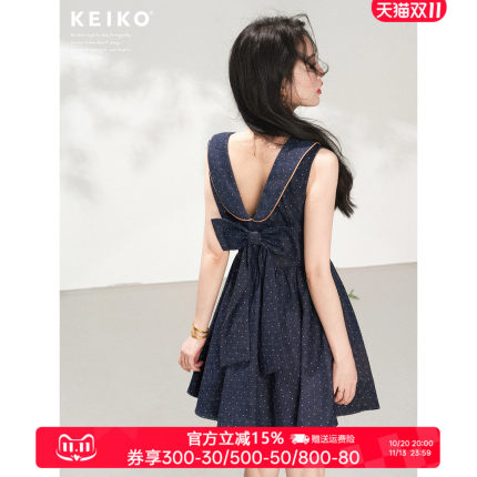 KEIKO 法式小波点海军领无袖连衣裙夏季千金风蝴蝶结收腰a字短裙