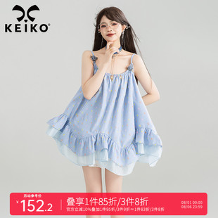 藍(lán)色不規(guī)則荷葉邊連衣裙25夏日多巴胺彩點(diǎn)提花吊帶背心短裙 KEIKO