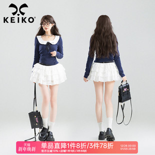 甜美风抽褶显瘦长袖 针织上衣女2025秋季 T恤 miu系娃娃领短款 KEIKO