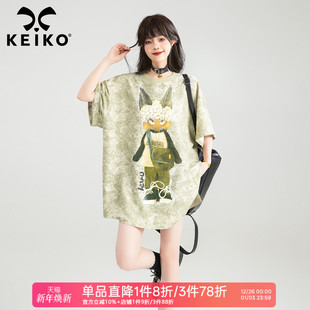 松弛感宽松大版 KEIKO t恤女25夏季 复古卡通印花短袖 显瘦上衣 美式
