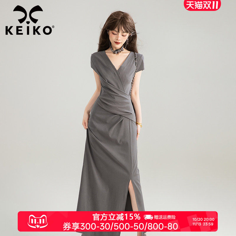 KEIKO 交叠V领灰色长款连衣裙夏季新款气质独特漂亮掐腰显瘦长裙