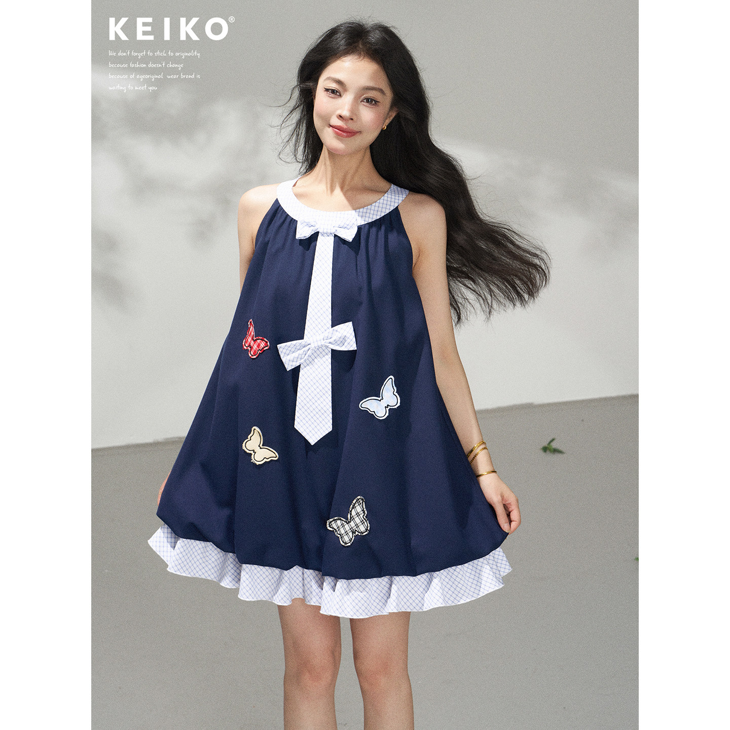 KEIKO甜飒风蝴蝶贴花无袖背心裙