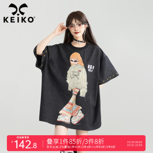 t恤女中長款 KEIKO 復(fù)古印花短袖 夏季 美式 y2k嘻哈鉚釘飾寬松t恤裙