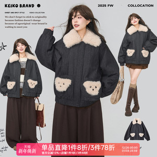 巴恩风加厚棉袄外套 复古拼接毛领牛仔棉服冬季 KEIKO 绗缝夹棉