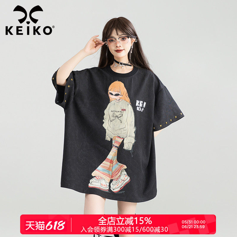 KEIKO 美式复古印花短袖t恤女中长款夏季y2k嘻哈铆钉饰宽松t恤裙