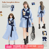 KEIKO 设计感系带显瘦条纹a字裙子 连衣裙春季 美式 学院假两件衬衫