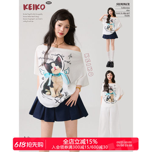 KEIKO白色松弛感斜肩短袖t恤