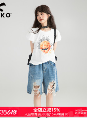 KEIKO 时髦印花荷叶袖正肩t恤女夏季今年流行圆领白色短袖上衣