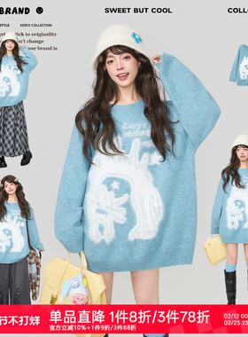 KEIKO 柔润系湖蓝色惊吓猫提花毛衣2025冬季松弛感慵懒暖绒针织衫