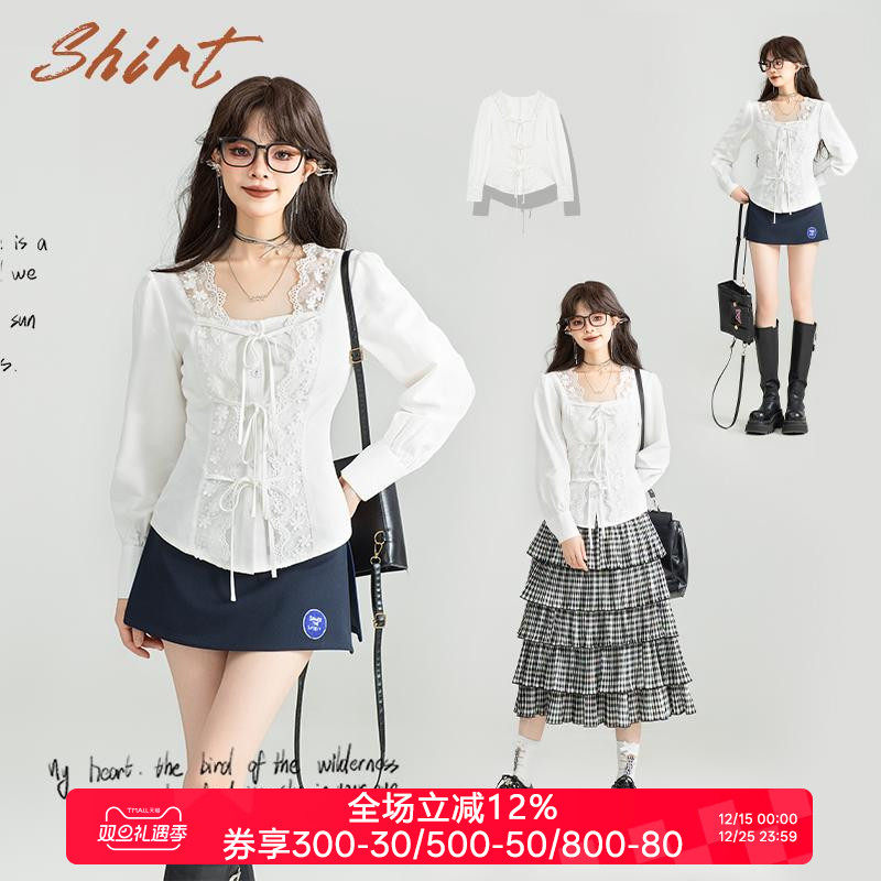 KEIKO白色通勤系带方领长袖衬衫