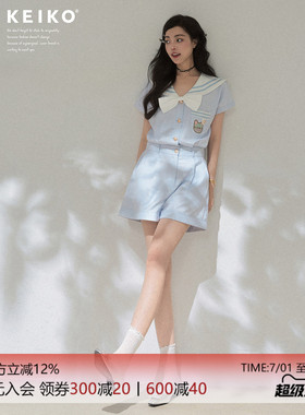 KEIKO 浅蓝色海军领连体短裤水手服女夏季航海学院风显瘦连身衣裤