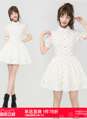 KEIKO 清新樱桃小碎花白色连衣裙26夏季千金风蕾丝拼接蓬蓬公主裙