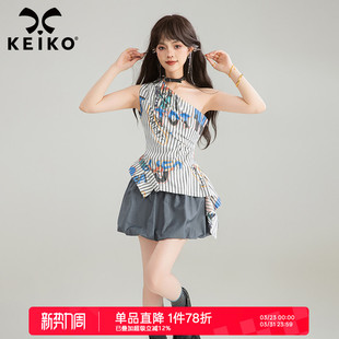 收腰衬衫 甜辣少女风显瘦无袖 复古条纹斜肩型上衣女夏季 KEIKO