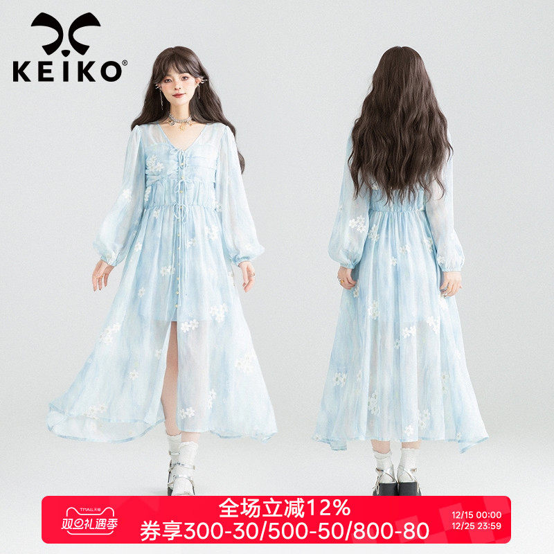 KEIKO [刺绣小碎花] 清雅蓝色雪纺连衣裙25早秋+吊带裙两件套装裙