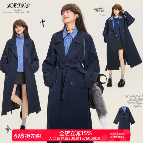 KEIKO 高级感藏蓝色双排扣风衣外套26春季韩系通勤系带中长款大衣