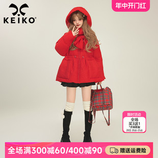 红色蝴蝶结饰显瘦斗篷型棉服加厚冬季 KEIKO 新年系列连帽棉衣外套