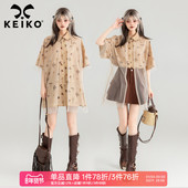 盘扣饰别致泡泡袖 KEIKO 上衣 女25夏季 新中式 轻纱拼接碎花短袖 衬衫