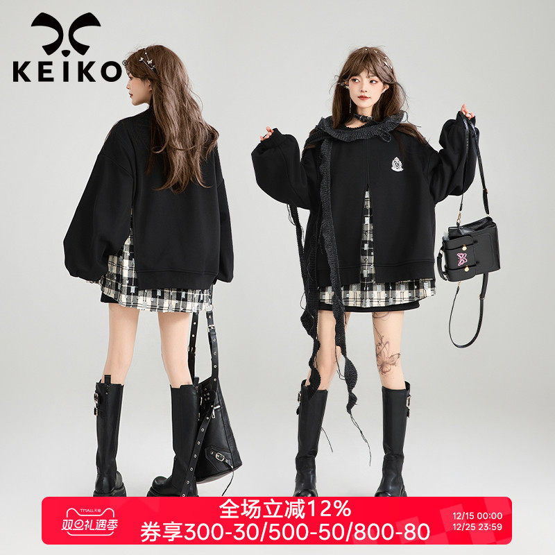 KEIKO 时髦假两件拼接卫衣女25秋冬韩系学院风绣标泡泡袖上衣