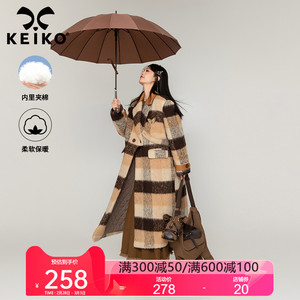 KEIKO [夹棉]美式复古格纹毛呢大衣23冬季美拉德风西装领长款外套