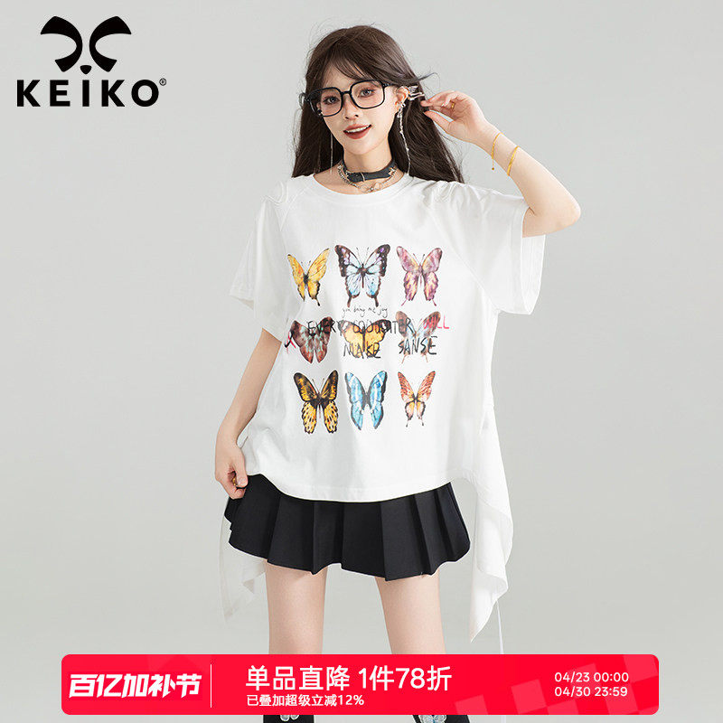 KEIKO [蝴蝶绣] 设计感露背短袖t恤女夏季前长后短宽松印花上衣