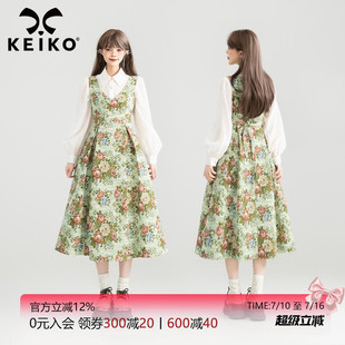 KEIKO 浪漫花园风提花无袖连衣裙秋季假日穿搭掐腰显瘦A字长裙子