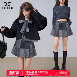KEIKO 格雷系灰色格纹百褶半身裙25秋冬复古高腰显瘦A字毛呢短裙