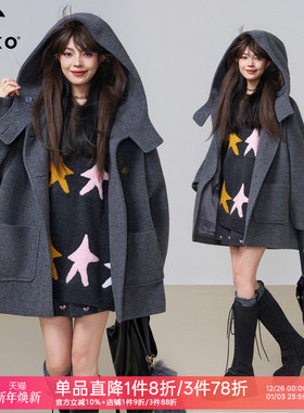 KEIKO 高级感灰色连帽羊毛呢外套25秋冬格雷系斗篷形显瘦呢子大衣