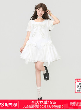 KEIKO [轻柔莱赛尔] 白色钉球蝴蝶结连衣裙夏季初恋氛围感仙女裙