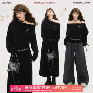 上衣 纸片人休闲宽松轻薄长袖 KEIKO 极简慵懒一字斜肩卫衣女25秋季