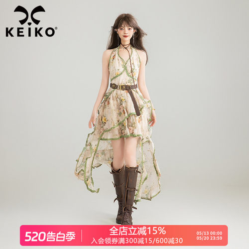 KEIKO法式复古碎花挂脖连衣裙