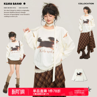 可拆袖 t恤女2026春季 筒 小狗印花长袖 设计感白色上衣 美式 KEIKO