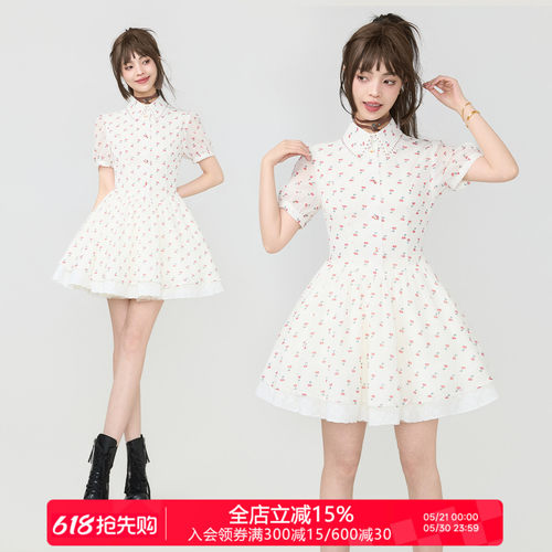 KEIKO夏季樱桃碎花蕾丝连衣裙