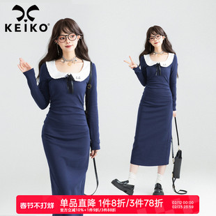KEIKO 甜系娃娃领针织连衣裙26春季法式系带收腰修身显瘦包臀长裙