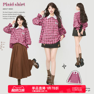 KEIKO 衬衫 女2026春夏复古蕾丝拼接灯笼袖 上衣 火龙果红色格纹长袖