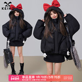 KEIKO 甜系黑色连帽棉服女25冬季 肌理感防泼水加厚泡芙型外套棉袄