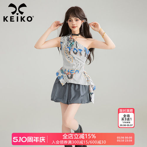 KEIKO复古条纹斜肩上衣无袖衬衫