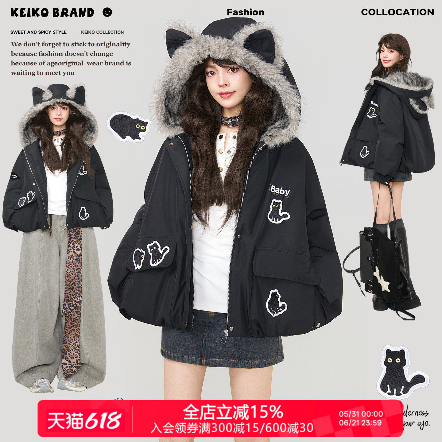 KEIKO [三防面料]环保狐狸毛连帽黑色棉服冬季可爱萌猫绣花厚外套