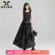 KEIKO酷飒新中式 扎染黑色连衣裙春季 铆钉饰系带显瘦大U领背心长裙